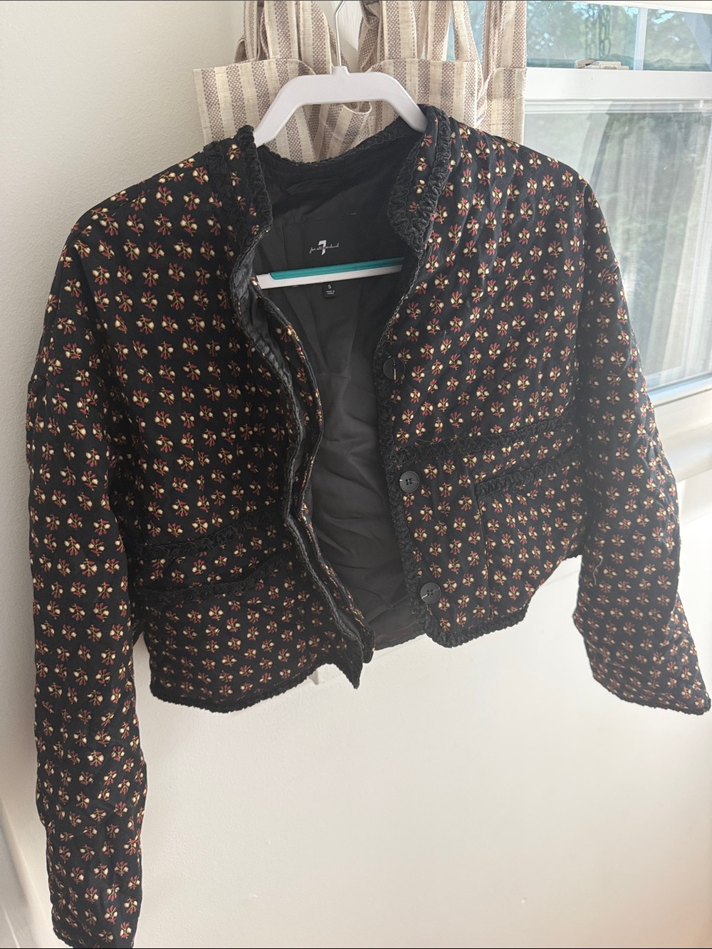 7 For All Mankind Black Quilted Crop Blazer with Floral Motif size small